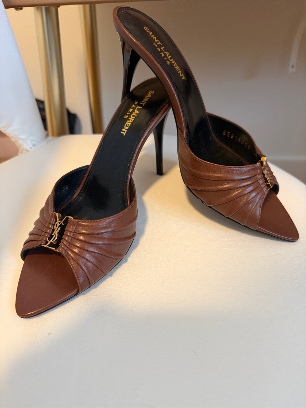 Saint Laurent Brown Leather Pointed Toe Mule Heels with Gold YSL Accent